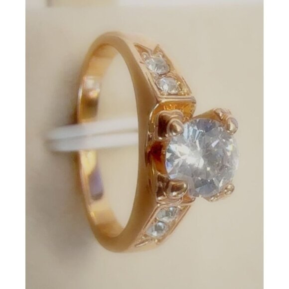 Gold Tone Ring with Diamond Simulant and Moissanite - Picture 3 of 7